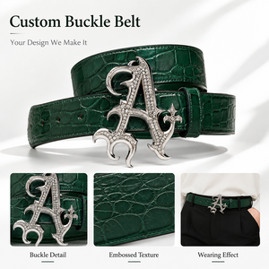 Cintura di Lusso Personalizzata con <span class=keywords><strong>Cinturino</strong></span> in <span class=keywords><strong>Pelle</strong></span> <span class=keywords><strong>Verde</strong></span> e Fibbia in Metallo con Alfabeto Incastonato, Lega di Zinco Placcata - Product Image 1