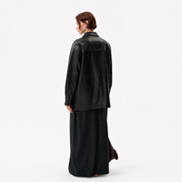 Abrigo Mac de Piel de Oveja Semilicuada Negra Encerada para Mujer, Casual de Invierno, Cortavientos, Teñido Liso, con Botones Cubiertos de Poliéster