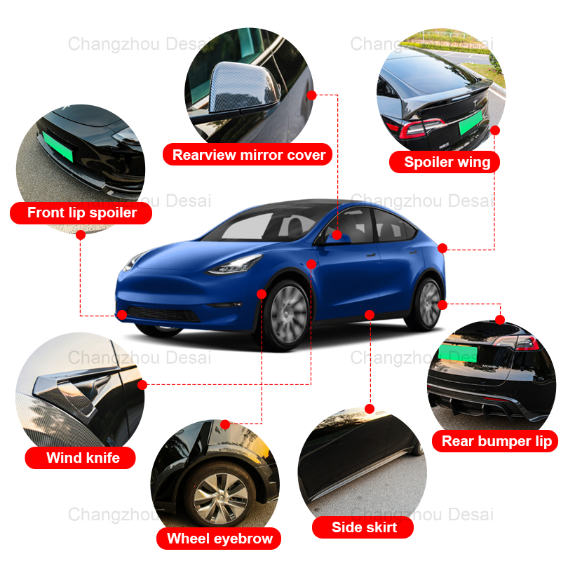 Передний задний диффузор для губ, боковые юбки, спойлер для багажника, спойлер для крыла, комплект для тела из углеродного волокна для Tesla модели Y 2021-2022