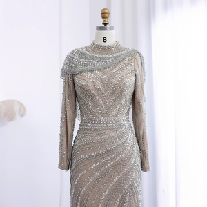 Robes <span class=keywords><strong>de</strong></span> <span class=keywords><strong>Soirée</strong></span> Musulmanes <span class=keywords><strong>de</strong></span> Luxe Argent Nude avec Cape Col Haut et Manches Longues pour Femmes, Fêtes <span class=keywords><strong>de</strong></span> Mariage LSZ035 - Product Image 2