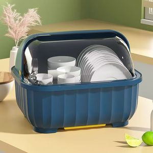 <b>Dish</b> <b>Rack</b> With Flip Top Lid Oval Shape Large Size Drain <b>Rack</b> For Kitchen Tableware Storage - Product Image 2