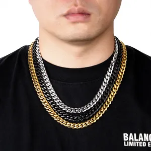 Engraved Logo Hiphop Cuban Chain Necklace Stainless Steel Flat Cutting Gold Plating Available Gold Rhodium Black Fine Jewelry