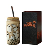 Mug en verre Halloween Ghost Fall avec couvercle et paille, gobelet réutilisable anti-fuite pour femmes et adolescentes, moderne, léger et facile à nettoyer