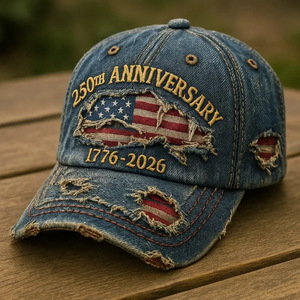 Casquette de baseball unisexe drôle et réglable en coton délavé à 6 panneaux, motif drapeau américain, édition 250e anniversaire USA - Product Image 1