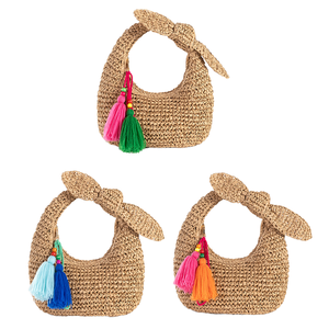 Bolso de mano de paja estilo bohemio de verano, nuevo bolso de playa con forma de media luna para vacaciones, con cierre de cremallera, nudo y borlas coloridas - Product Image 1
