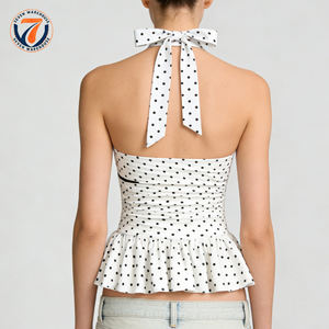 Blusa sin mangas con cuello halter de lunares y encaje para mujer, con cintura fruncida personalizada, dobladillo con volantes y detalle de lazo, estilo casual para vacaciones - Product Image 3