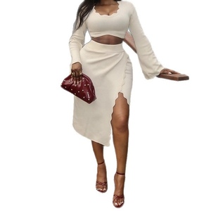 Women's Fall New Arrival Fresh Bell-Sleeve Slim-Fit Solid-Color Top & Split Skirt 2-Piece <b>Set</b> Fashion - Product Image 1