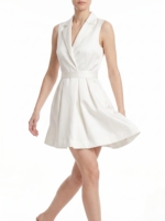 Robe blazer blanche élégante sans manches, col en V à revers cranté, taille ceinturée, coupe trapèze, robe de cérémonie avec poches