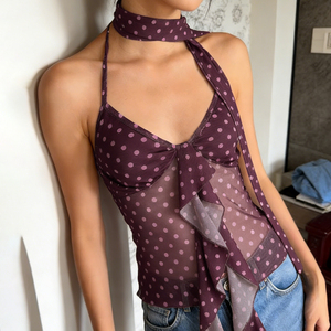 Top en maille à pois pour femmes avec écharpe, débardeur sexy à bretelles spaghetti avec bordure à volants transparente, style vacances - Product Image 3