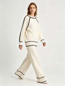 Set Loungewear in <span class=keywords><strong>Maglia</strong></span> a 2 Pezzi per <span class=keywords><strong>Donna</strong></span>, Top Maglione con Dettagli Colorati e Pantaloni a Gamba Larga, Tuta Casual, Colore Crema - Product Image 3