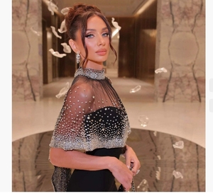 Fabricants de robes personnalisées 2025 robes de soirée noires de luxe robe de sirène élégante avec cape transparente à diamants étincelants - Product Image 3