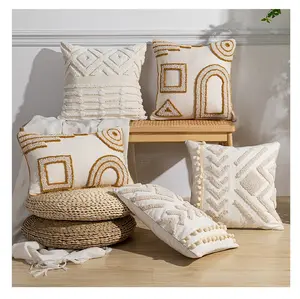 Boho Cotton Cushion Cover Tufted Geometry Embroidery Decorative Throw Pillow Case Sofa Cushions With Tassel For Home Decor