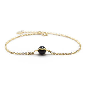 925 <b>Sterling</b> <b>Silver</b> Adjustable Chain <b>Bracelet</b> With 6mm Black Agate <b>Beads</b> Real Gold Plated Trendy Style for Gift - Product Image 1
