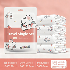 Nouveau drap de lit non tissé de voyage jetable de haute qualité <span class=keywords><strong>pour</strong></span> <span class=keywords><strong>deux</strong></span> <span class=keywords><strong>personnes</strong></span> ensemble de quatre pièces paquet individuel avec motif de dessin animé - Product Image 5