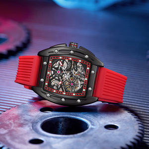 LIGE Mechanical Skeleton Watch 44MM Luminous Black Red <b>Silicone</b> Strap Men's Automatic Wristwatch <b>Waterproof</b> Sport Design - Product Image 4