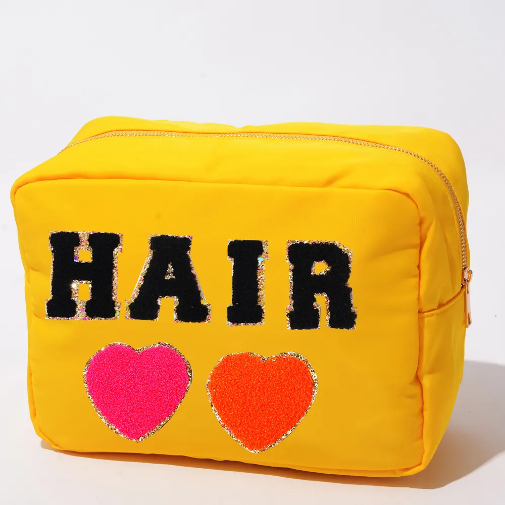 재고 RTS 겨자 노란색 S M L XL 4 개 MOQ 나일론 대형 지퍼 화장품 가방 여성 여행 주최자 큰 메이크업 가방