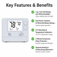 Thermostat numérique intelligent non programmable 24V 1H1C avec écran LCD pour système de climatisation et de chauffage
