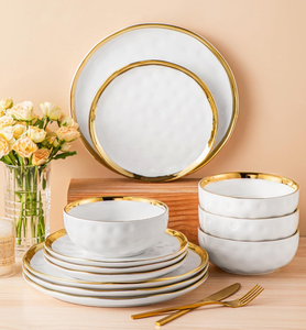 Juego de vajilla de lujo blanco con textura martillada y borde dorado, plato, tazón y platillo para hotel, restaurante, regalo de boda, venta al por mayor - Product Image 4