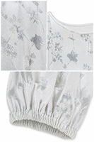 Chemisier pour femme argenté métallisé à motifs floraux, col rond, manches longues bouffantes avec poignets élastiques, coupe courte, élégant, décontracté, pour soirée, brillant
