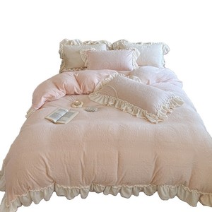 Lace Trimmed Milk Fleece Four Piece <b>Set</b> Autumn Winter Thickened Princess Style Warm Embossed <b>Bedding</b> <b>Set</b> - Product Image 3