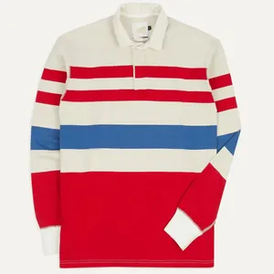 Wholesale Custom Casual Twill Collar Jersey Long Sleeve Polo Shirt Men Red and Blue Stripe Cotton Rugby Shirt