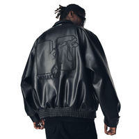 Jaket Pilot Kulit Pria Streetwear OEM Custom High Street Logo 3D Embossed Kerah Turun Bahan Katun Wol Kulit