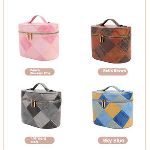High End Portable Oval Handheld Makeup Case PU Thread Pattern Large Capacity Zipper Closure Removable Cosmetic Storage Box - Product Image 4
