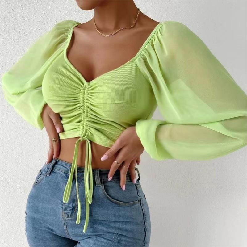 Women's Tops Solid Color Navel Lantern Sleeves One-Line Neck Sexy Lace-Up Puff sleeve women's blouse