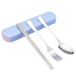 Juego de cubiertos portátil reutilizable de 3 piezas, cuchara, tenedor y palillos de acero inoxidable con estuche para la escuela, oficina, viajes, camping, picnic - Product Image 1