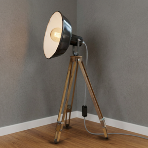 Lampe sur pied industrielle à trépied, base en bois massif, abat-jour cylindrique en métal, LED E27, direction réglable pour salon et chambre - Product Image 3