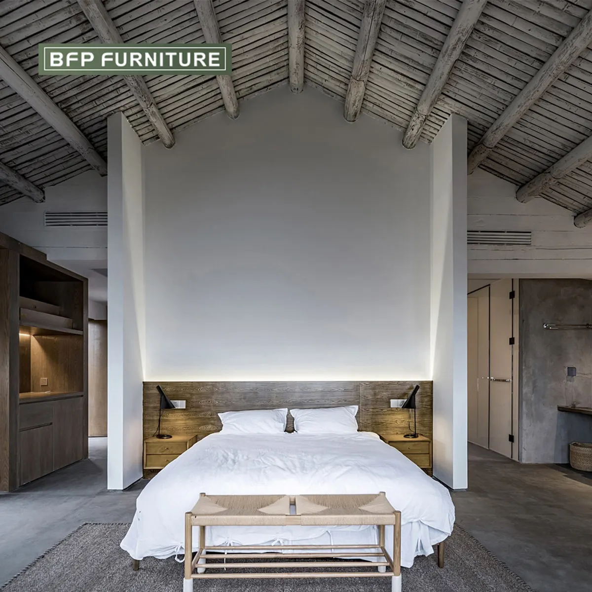BFPHome projet d'hôtel commercial meubles Resort Villa hôtel chambre à coucher meubles lit et table ensemble en bois massif style