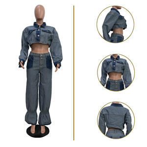 Casual Long Sleeve Turn-down Collar <b>Colour</b> Block Denim Trousers Two Piece <b>Set</b> for Women Fashion - Product Image 3
