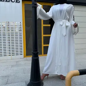 谦虚的Khimar Hijab Abaya中东迪拜流行纯色系带开衫，带口袋长袍S-XXL