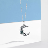 Collier pendentif champignon et lune en agate de mousse ronde oxydée en argent sterling 925 Offre Spéciale