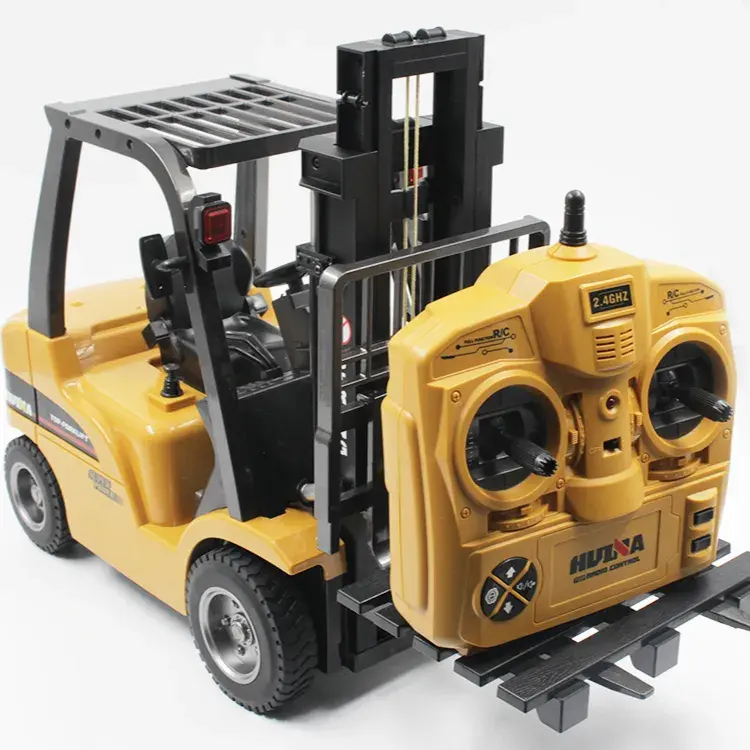 HUINA mobil rc 1577 2.4G, mainan mobil konstruksi truk Forklift RC 1/10 8 saluran 2 in 1 dengan lampu suara