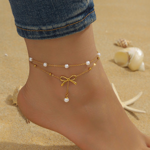 Tobillera de Dos Capas con Diseño de Estrella, Luna y Nube, Chapada en Oro, Acero Inoxidable, Incrustaciones de Concha, Colgante de Perla Sintética, Estilo Minimalista - Product Image 1