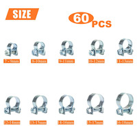 Mini collier de serrage à double oreille réglable en acier au carbone zingué, 60 pièces, différentes largeurs