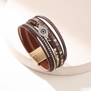 Evil Eye Diamond Encrusted <b>Leather</b> <b>Bracelet</b> White Gray Beige Brown Women's Jewelry Gift - Product Image 4