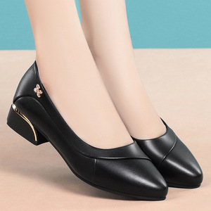 Factory Wholesale Black <b>Leather</b> <b>Pumps</b> - Gem Decor Pointed Toe Block Heel Office Daily Women's Shoes - Product Image 1