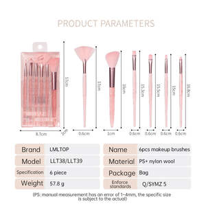 Brocha Cosmética Personalizada, Set de 6 Piezas de <span class=keywords><strong>Maquillaje</strong></span> de Pelo Sintético con Purpurina Rosa, Brocha para Mezclar Sombras de Ojos con Mango Cristalino - Product Image 6