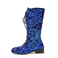 Bottes mi-mollet pour femmes en gros d'usine, automne-hiver 2023, chaussures tendance, paillettes bleues, bout rond, talons bas, bottes pour femmes