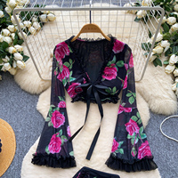Ensemble 2 pièces pour femmes, haut à manches bouffantes à imprimé rose vintage et short à nouer sur le devant, pour l'automne