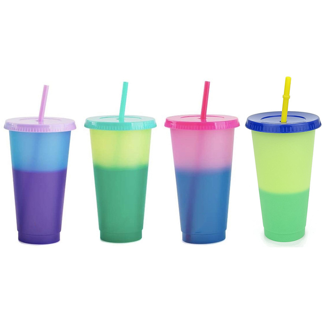 Promotional Gifts 400ml Temperature Coloration Plastic Drinkware Magical Color Changing Tumbler Cold Juice Cup with Straw