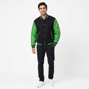 Blouson Bomber en Laine et Cuir à Col Montant, Style Baseball, Hiver, Veste Universitaire, Corps Noir, Manches Vertes - Product Image 1