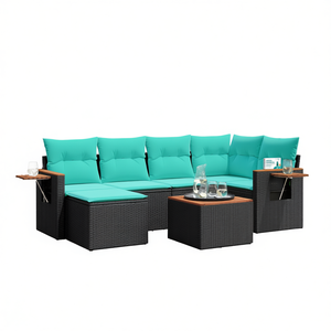 Set di divani da giardino in polyrattan nero da 7 pezzi con cuscini per uso esterno - Product Image 1