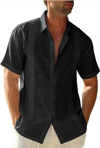 Camicia in Lino da Uomo per Primavera ed Estate, Design Cubano Shagua <span class=keywords><strong>Abella</strong></span>, Stile Casual con Colletto, 100% Cotone, Maniche Corte Bicolore - Product Image 3