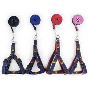 YUCHONG Dog Leash And Collar Pet Working Vest Harness Dog Collar And Leash Set Denim Cloth