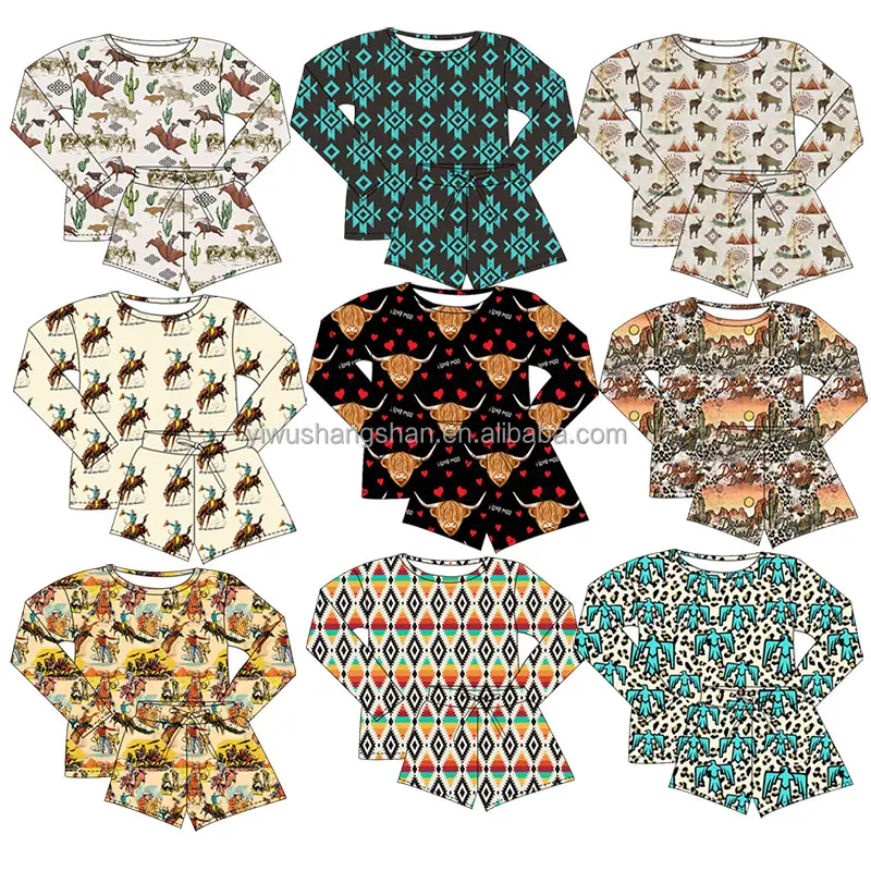 Custom New Style Autumn Western Style Cattle Pattern Kids Baby Clothing Sets Long Sleeve Tops & Shorts 2-Piece Suits