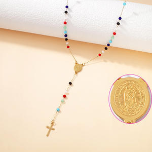 Collar con Colgante de Rosario Cristiano de Cuentas de Cristal y Dijes de Cruz Bañado en Oro de 18K, Joyería Religiosa de Acero Inoxidable a la Moda al por Mayor - Product Image 2