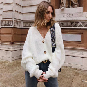Autumn Winter Women's V-Neck Button Knitwear Sweater <strong>Long</strong> <strong>Balloon</strong> <strong>Sleeve</strong> <strong>Cardigan</strong> - Product Image 2